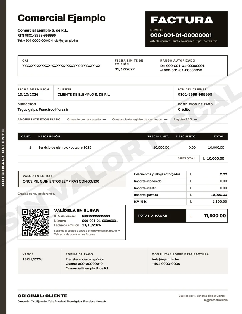 Una factura de bigger Control: logotipo, número, CAI, cliente, detalle, total y código QR para validarla en el SAR.
