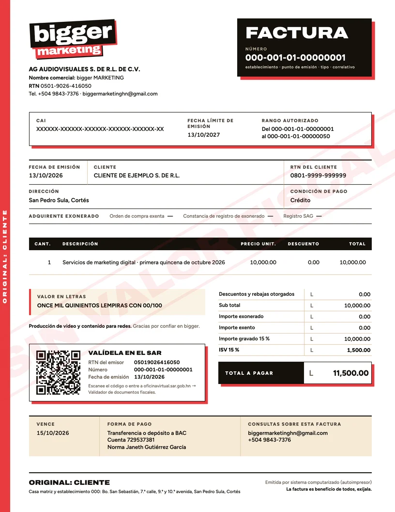 Una factura de bigger Control: logotipo, número, CAI, cliente, detalle, total y código QR para validarla en el SAR.